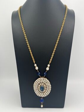 Signed Miriam Haskell Blue Rhinestone Pearl Filigree Pendant Necklace 28″